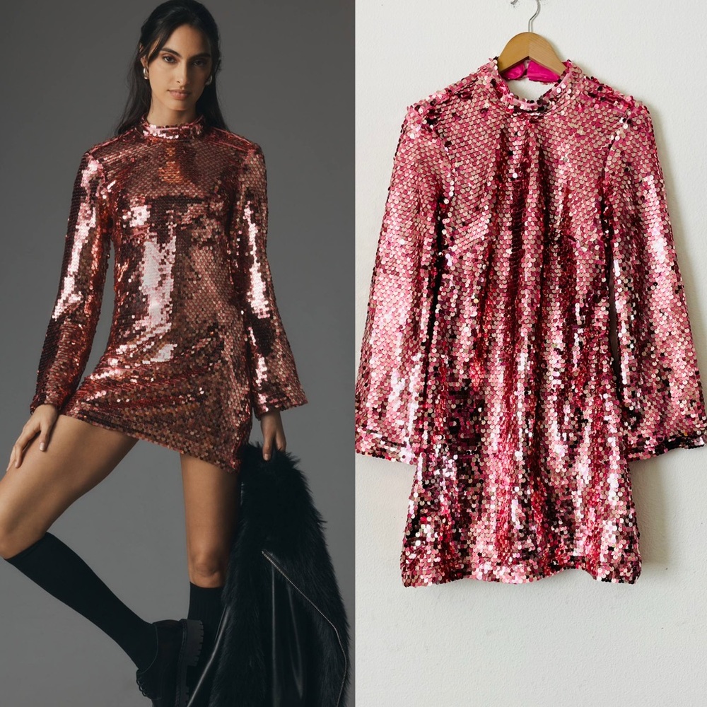 NWT Maeve Anthropologie MEDIUM Long Sleeve Pink Mock Neck Sequin Mini Dress